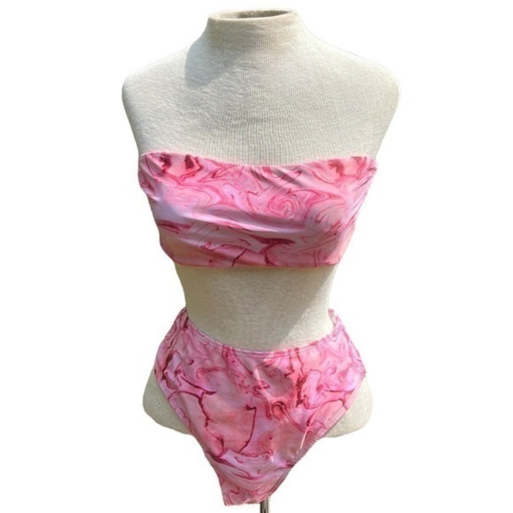 Two piece high waist bikini bandeau top pink marble color medium